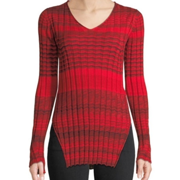 Helmut Lang Striped Ribbed Merino Wool V-Neck Knit Top - Picture 1 of 10